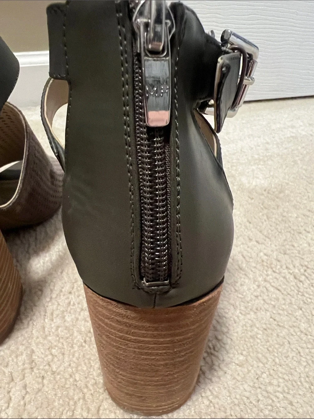 Marc Fisher Olive Green Perforated Open-Toe Block Heel Sandals